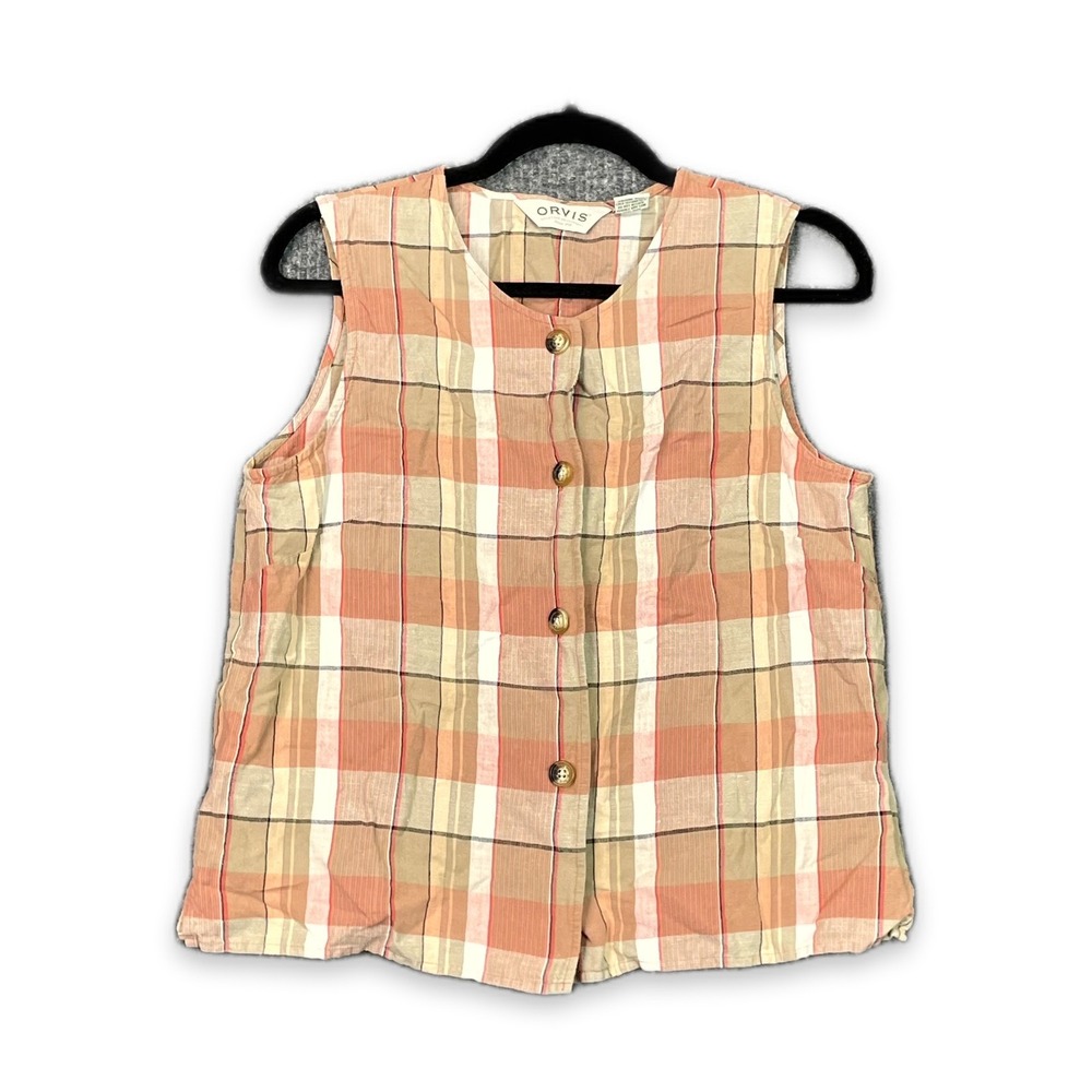 Orvis Linen Blend Tank Top Womens 10 Multi Plaid Button Front Minimalist Corpore